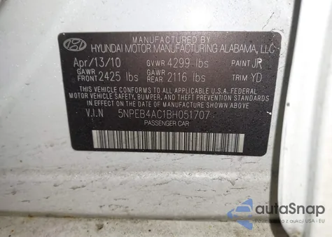 2011 Hyundai Sonata Gls из США, поврежденный, VIN 5NPEB4AC1BH051707